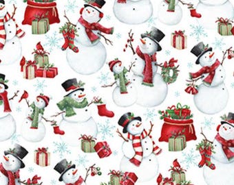 Cotton Holly Jolly Snowmen Christmas Presents Gifts Snowflakes Northcott White Cotton Fabric Print by the Yard (28813-10) D411.19
