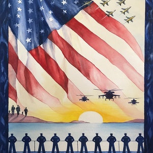 36" X 44" Panel Coming Home U.S. Military American Flag USA Cotton Fabric Panel (PD14435) D305.62