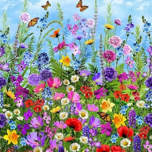 24&quot; X 44&quot; Panel Wild Floral Wildflowers Butterflies Poppies Field Spring Cotton Fabric Panel (PANEL-CD2432-MULTI) D584.66