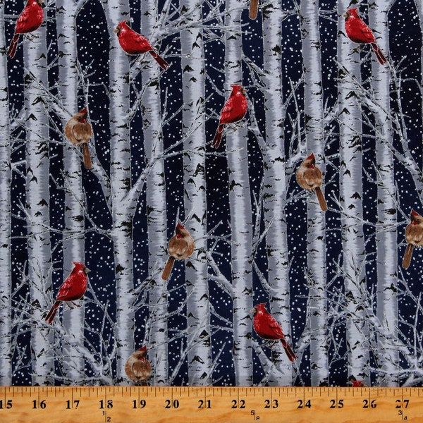 Cotton Birch Trees Cardinals Birds Animals Forest Sky Stars Snowflakes Navy Metallic Fabric Print by Yard (V7160-19.5-NAVY/SILVER) D502.80