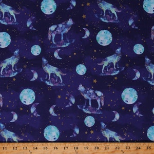 Cotton Coyotes Howling at the Moon Metallic Arctic Wonder Royal Cotton Fabric Print by the Yard (19435-NVY-CTN-D) D372.49