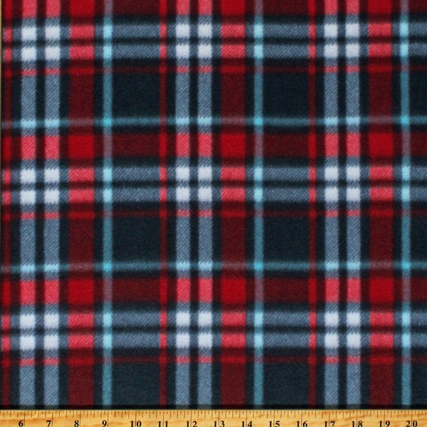 Fleece Plaid Navy Blue Red White Fleece Fabric Print by the Yard (A336.22)