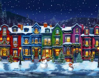 35.5" X 43" Panel Winter Wonder Puff Paint 3D Effect Town Buildings Windham Fabrics Multicolor Cotton Fabric Panel (55162DPP-1) D407.55