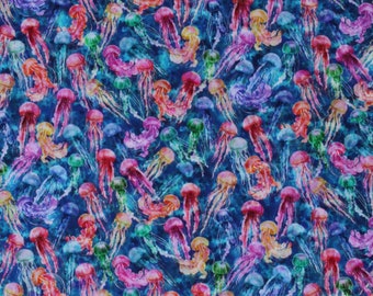 Cotton Jellyfish Animals Sea Creatures Water Ocean Seas Calypso II Blue Cotton Fabric Print by the Yard (30CAL-1)D475.73