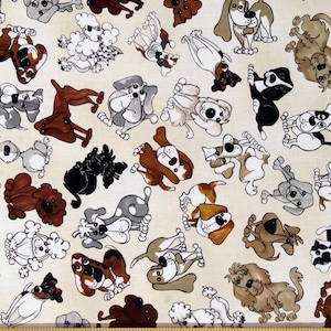 Cotton Dogs Pets Animals Tossed Doggies Bone Kids Cream Cotton Fabric Print by the Yard (692-107-B) D755.21