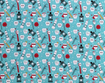 Cotton Dental Happy Teeth Aqua Toothpastes Toothbrushes Dental Floss Mouthwash Tooth Teeth Aqua Cotton Fabric Print by Yard (130672) D659.55