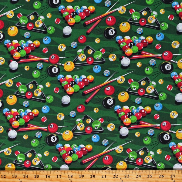 Cotton Pool Table Billiards Eight Balls Triangles Game Room Gamer Green Cotton Fabric Print by the Yard (19135821) D668.72