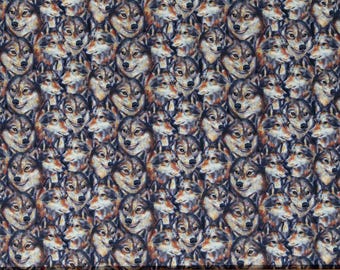 Cotton Wolves Wolf Faces Wildlife Animals Full Moon Navy Cotton Fabric Print by the Yard (90807-49) D386.45