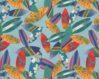 Cotton Surf Boards Summer Vacation Ocean Beach Surfers Travel Surfs Up Aqua Cotton Fabric Print by the Yard (126320) D682.78