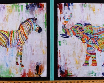 24" X 44" Panel Zebra Elephant Animals Colorful Zoo Teal Cotton Fabric Panel (1649-27313-X) D693.51