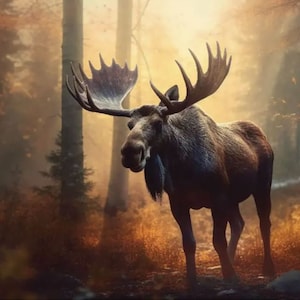 May include: A large, dark brown moose with large antlers stands in a misty forest. The moose is looking to the left of the image. The forest is filled with tall trees and a soft, golden light.