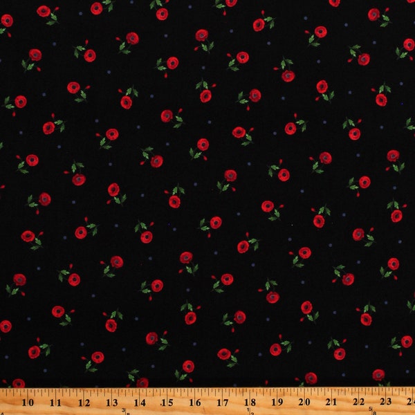 Cotton Poppies Red Poppy Flowers Floral Toss on Black Cotton Fabric Print by the Yard (C8476-Black) D148.42