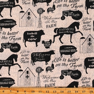 Cotton Farm Animals Silhouettes Life is Better on The Farm Words Cream Cotton Fabric Print by the Yard D368.43 3 Wishes Fabrics