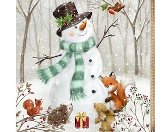 36" X 44" Panel Snowman & Forest Friends Birds Winter Forests Snowing David Textiles Multicolor Cotton Fabric Panel (AL-6456-3C-1) D415.53