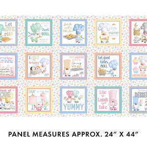 May include: A colorful fabric panel with a patchwork design featuring gnomes baking and various baking-themed quotes. The panel measures approximately 24 inches by 44 inches.
