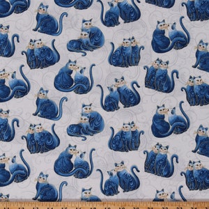 Cotton Blue Cats Cat Couples Sweethearts Animals Felines Mini Swirls on White Gold Metallic Cat-i-tude Fabric Print BTY (7558M-56) D774.73