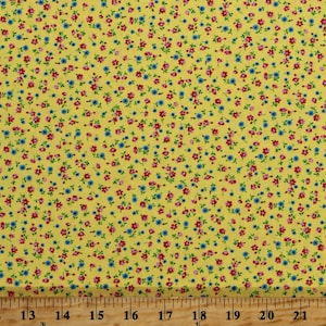 Cotton Tiny Flowers Tossed Red and Blue Floral on Yellow Small Scale Floral Cache Cotton Fabric Print by the Yard (1649-28883-S) D143.11