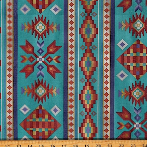May include: A turquoise fabric with a Southwestern-inspired pattern. The design features vertical stripes with geometric shapes in red, yellow, blue, and white. The pattern includes diamond, arrow, and floral motifs.