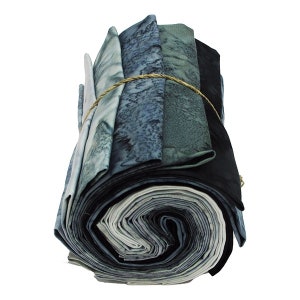 May include: A roll of blue and green fabric with a tie around it. The fabric is a batik style with a mottled pattern.