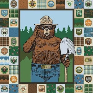 36" X 44" Panel Smokey Bear Only You Wildfire Prevention Only You Can Prevent Forest Fires Wildfires Camping Cotton Fabric Panel (D787.19)