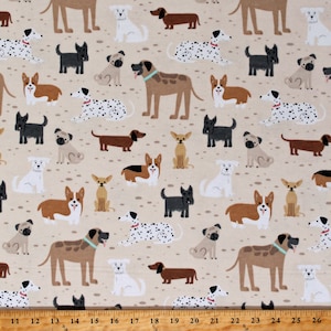 May include: A beige fabric with a repeating pattern of various dog breeds in different colors and poses. The dogs are illustrated in a cartoon style and include breeds such as dachshunds, corgis, dalmatians, and pugs.