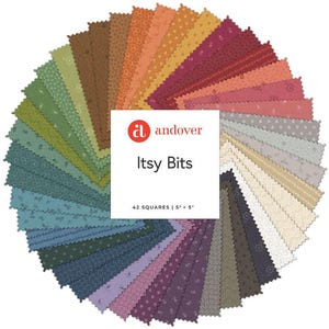 May include: A fan of 42 fabric squares in various colors and patterns, including green, blue, purple, and brown. The squares are arranged in a circle with a white label in the center that reads "It's Bits" and "42 Squares | 5" x 5" ". The label also features a red logo with the letter "a" and the word "andover".