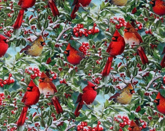 Tejido de algodón multicolor con estampado de cardenales rojos y acebos, acebos y hiedra, pájaros navideños y nieve, cortado a medida, D506,95 David Textiles