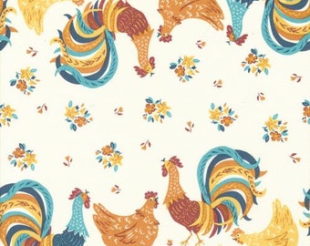 Cotton Toweling -16" Wide Classic Retro Cluck Cluck Moda Chickens Roosters Flowers Floral Farm Kitchen Toweling By Yard (920-290) M406.01