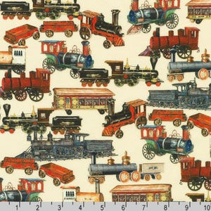 May include: A cream-colored fabric featuring a repeating pattern of vintage steam trains and train cars in various colors. The trains are red, black, blue, and green, with detailed illustrations of wheels, smokestacks, and carriages.