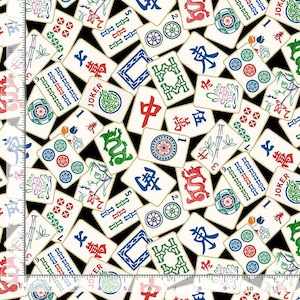May include: A fabric pattern featuring a scattered arrangement of ivory-colored Mahjong tiles against a black background. The tiles display various symbols, including dragons, flowers, and Chinese characters in red, green, and blue.
