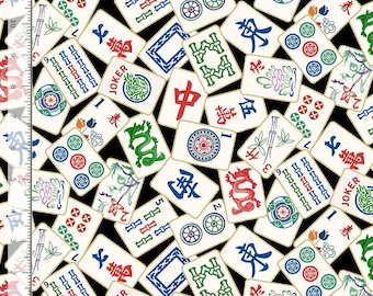 Cotton Mahjong Game Tiles Chinese Traditional on Black Timeless Treasures Cotton Fabric Print by the Yard (FUN-CD2741-BLACK) D603.12