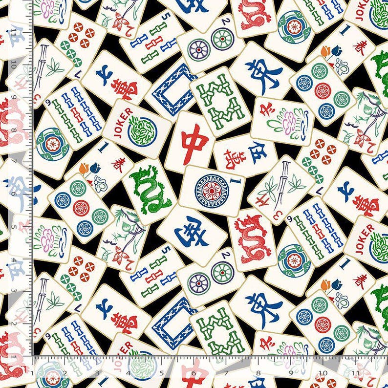 May include: A fabric pattern with ivory Mahjong tiles on a black background. The tiles are decorated with dragons, flowers, and Chinese characters in red, green, and blue. The design is a repeating pattern.