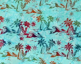 Cotton Batik Surfing TIme Beach Tropical Palm Trees Waves Ocean Surfboards Four Seasons Summer Cotton Fabric Print by the Yard D186.03
