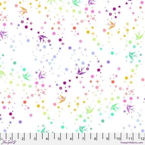 May include: White fabric with a repeating pattern of colorful birds and stars. The birds are flying in different directions and the stars are scattered throughout the fabric.