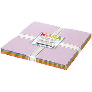 May include: A stack of square fabric pieces in a variety of colors, wrapped with a white paper band. The label on top reads KONA cotton solids TEN-SQUARE, 42 PIECES MEASURING 10" X 10". The edges of the fabric stack show a rainbow gradient of colors.