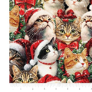 May include: A fabric pattern featuring a collage of cats wearing Santa hats and red bow ties. The cats have various fur colors, including tabby, orange, black and white, and white. The background includes green foliage and red bows.