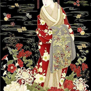 23.5&quot; X 44&quot; Panel Japanese Geisha Woman Asian Imperial Kyoto Garden Black Cotton Fabric Panel (PANEL-CM1664-BLACK) D468.52