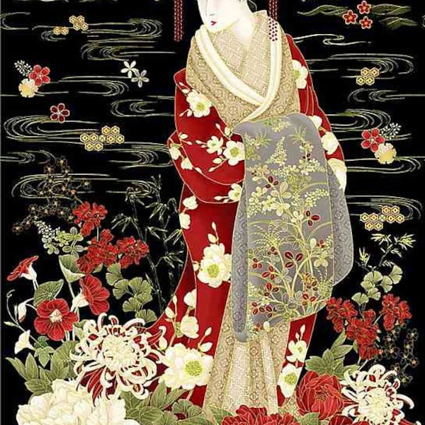 23.5" X 44" Panel Japanese Geisha Woman Asian Imperial Kyoto Garden Black Cotton Fabric Panel (PANEL-CM1664-BLACK) D468.52