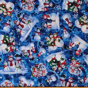 Cotton Snowman Snowmen Snow Snowflakes Christmas Winter Holiday Seasonal Blue Cotton Fabric Print by the Yard (2600-30442-Y) D400.56