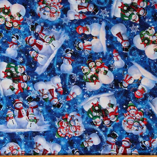 Cotton Snowman Snowmen Snow Snowflakes Christmas Winter Holiday Seasonal Blue Cotton Fabric Print by the Yard (2600-30442-Y) D400.56