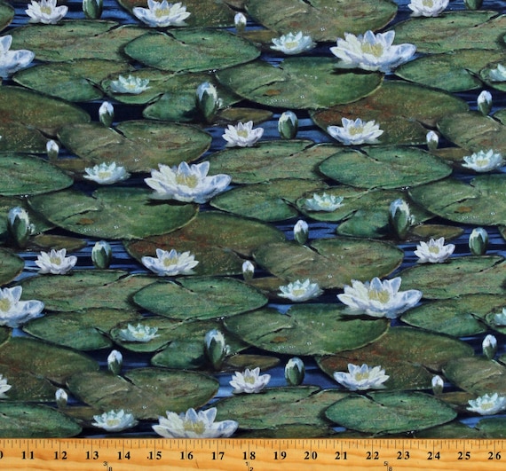 Cotton Water Lilies Lily pads Lilypads Lotus Flowers Landscape Pond Nature The Great Blue Cotton Fabric Print by the Yard D691.25