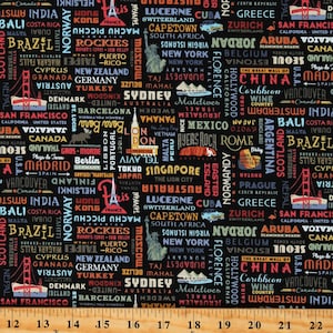 Cotton World Countries Cities Landmarks Travel Destination Cotton Fabric Print by the Yard (C10031-BLACK) D476.48 Licensed Riley Blake