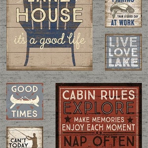 24&quot; X 44&quot; Panel On Lake Time Lake House Cabin Signs Lake Life Fishing Pewter Gray Cotton Fabric Panel (Y3712-119) D372.58 by Clothworks