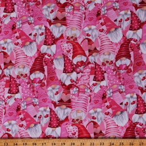Cotton Love Hearts Gnomes Valentine&#39;s Day Holiday Patterns Pink Cotton Fabric Print by the Yard (LOVE-CD1708-MULTI) D379.72