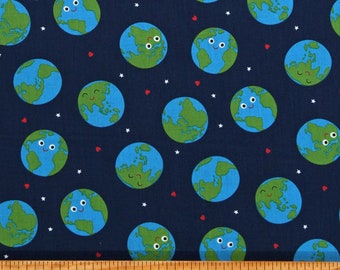 Cotton Planet Earth Globes World Planets Hearts Stars Rainbow Garden Blue Cotton Fabric Print by the Yard (35361-18) D468.56