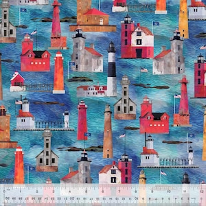 Cotton Lighthouses on Water Michigan Shop Hop 2024 State of Michigan Windham Fabrics Blue Cotton Fabric Print by the Yard D773.42