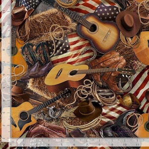 May include: A rustic collage featuring cowboy boots, guitars, hats, and rope, set against a backdrop of the American flag and hay bales. The image evokes a Western theme, with a mix of brown, tan, and red tones.