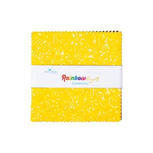 May include: A pack of fabric squares with a yellow floral pattern. The fabric squares are labeled "Rainbow Brights Elementals" by Riley Blake Designs.