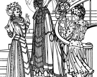 May include: Three women in vintage dresses stand on a staircase. The woman in the center is wearing a white dress with a veil and holding a bouquet of flowers. The woman on the left is wearing a black and white dress with a lace pattern. The woman on the right is wearing a white dress with a polka dot pattern.