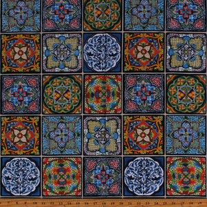 May include: A colorful fabric with a repeating pattern of blue, green, yellow, red, and orange tiles. The tiles have intricate designs and are arranged in a grid pattern.